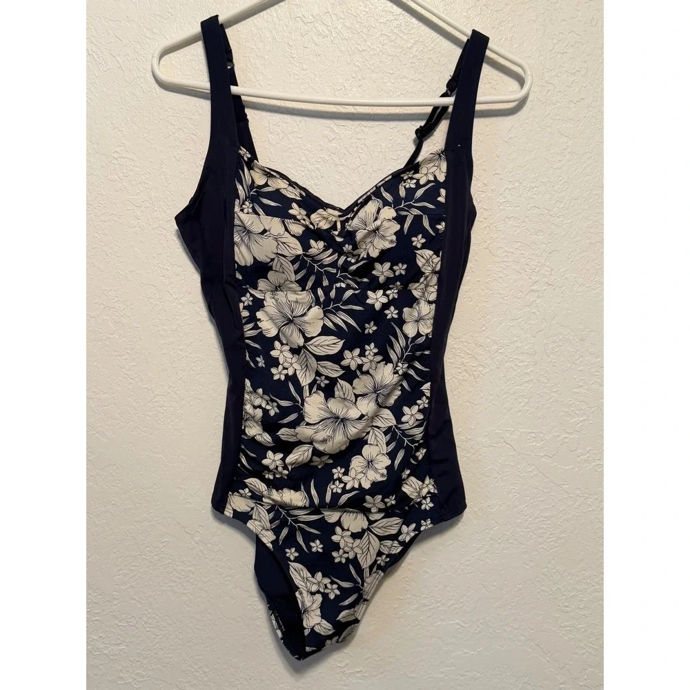 Dorina Navy Blue White Hibiscus Floral One Piece Swimsuit D17124A Large